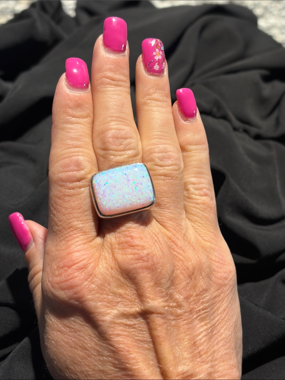 Sterling Silver rainbow fire Opal Rectangular Statement Ring - Peach Iridescent